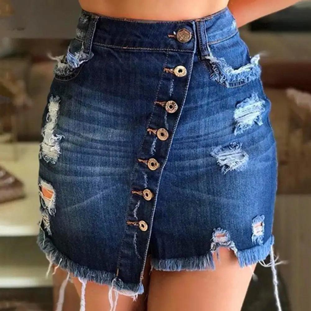 2021 New Women Short Denim Skirt High Waist Ripped Holes Denim Multi Breasted Irregular Tassel Denim Black Blue Skirt Streetwear - plusminusco.com