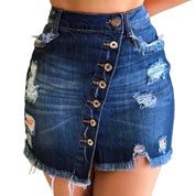 2021 New Women Short Denim Skirt High Waist Ripped Holes Denim Multi Breasted Irregular Tassel Denim Black Blue Skirt Streetwear - plusminusco.com