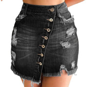 2021 New Women Short Denim Skirt High Waist Ripped Holes Denim Multi Breasted Irregular Tassel Denim Black Blue Skirt Streetwear - plusminusco.com