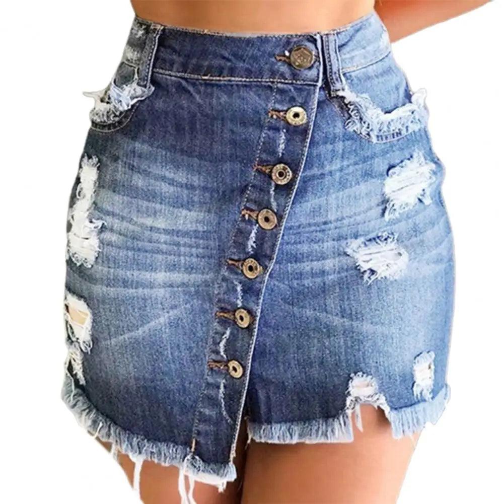 2021 New Women Short Denim Skirt High Waist Ripped Holes Denim Multi Breasted Irregular Tassel Denim Black Blue Skirt Streetwear - plusminusco.com