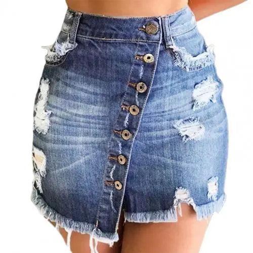 2021 New Women Short Denim Skirt High Waist Ripped Holes Denim Multi Breasted Irregular Tassel Denim Black Blue Skirt Streetwear - plusminusco.com