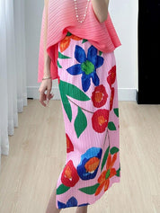 Miyake High-end Print Pink Skirt Summer Versatile Floral Pink Pleated Skirt - plusminusco.com