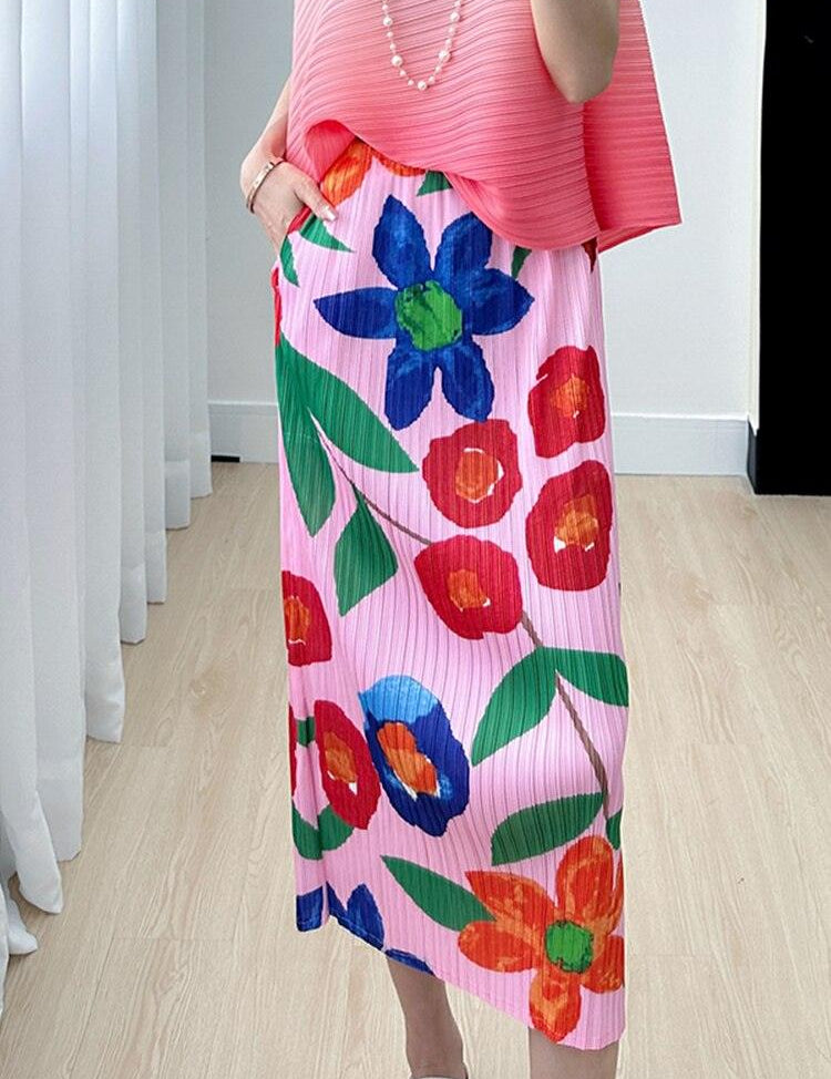 Miyake High-end Print Pink Skirt Summer Versatile Floral Pink Pleated Skirt - plusminusco.com