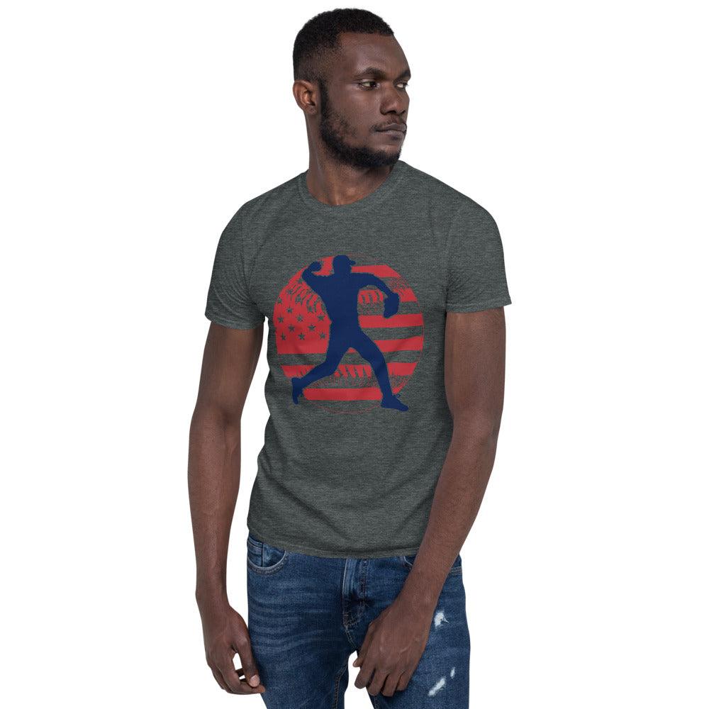 Baseball player, red white and blue  Unisex T-Shirt - plusminusco.com