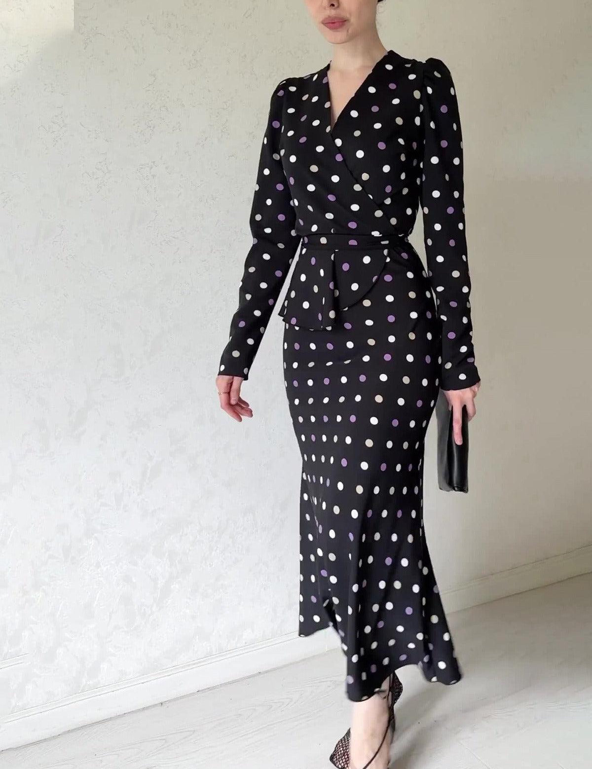 Chic French polka dot dress, elegant V-neck, buttocks wrapped skirt, lace up waist, slimming bottom skirt - plusminusco.com