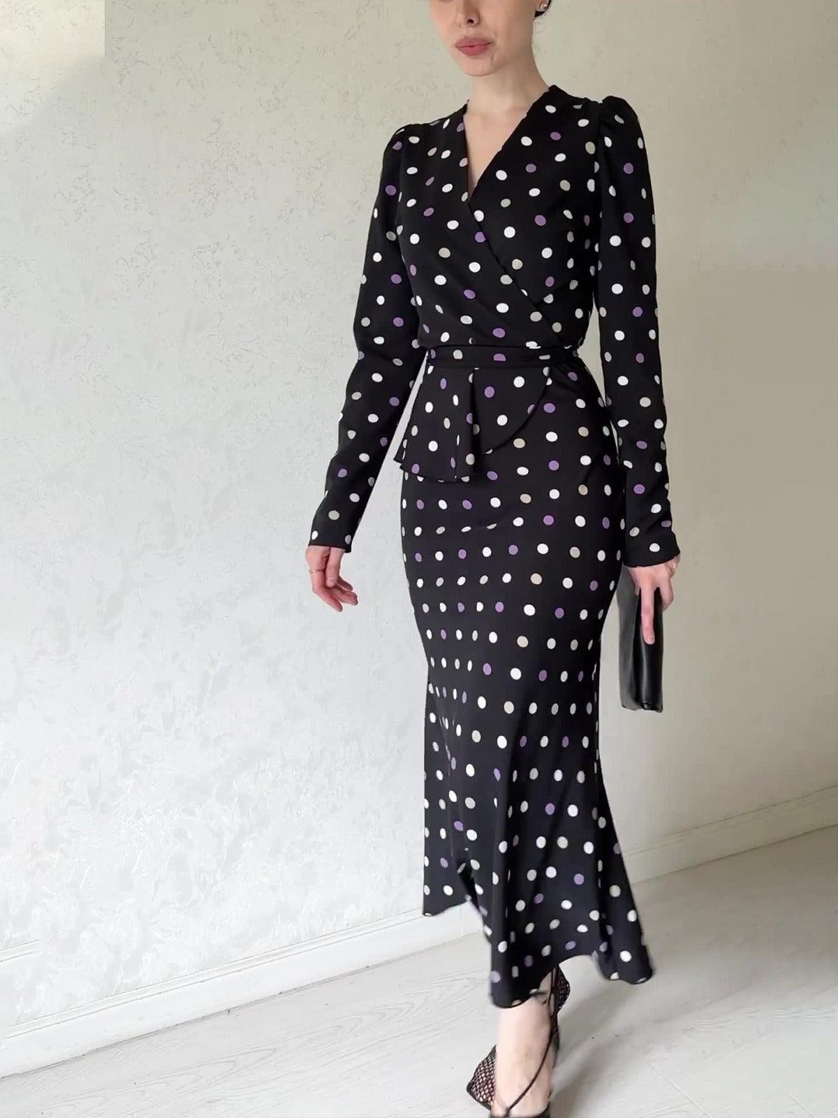 Chic French polka dot dress, elegant V-neck, buttocks wrapped skirt, lace up waist, slimming bottom skirt - plusminusco.com