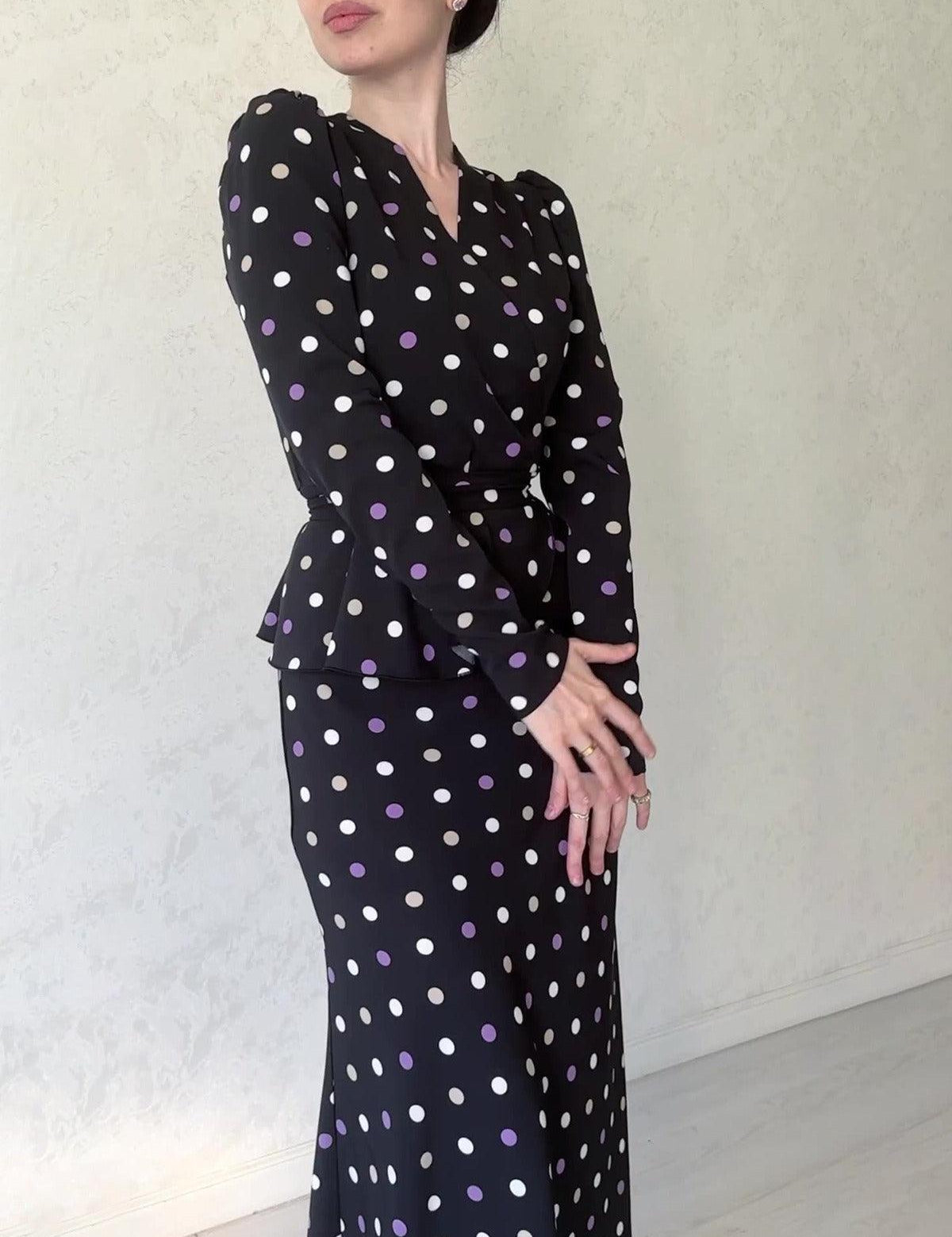 Chic French polka dot dress, elegant V-neck, buttocks wrapped skirt, lace up waist, slimming bottom skirt - plusminusco.com