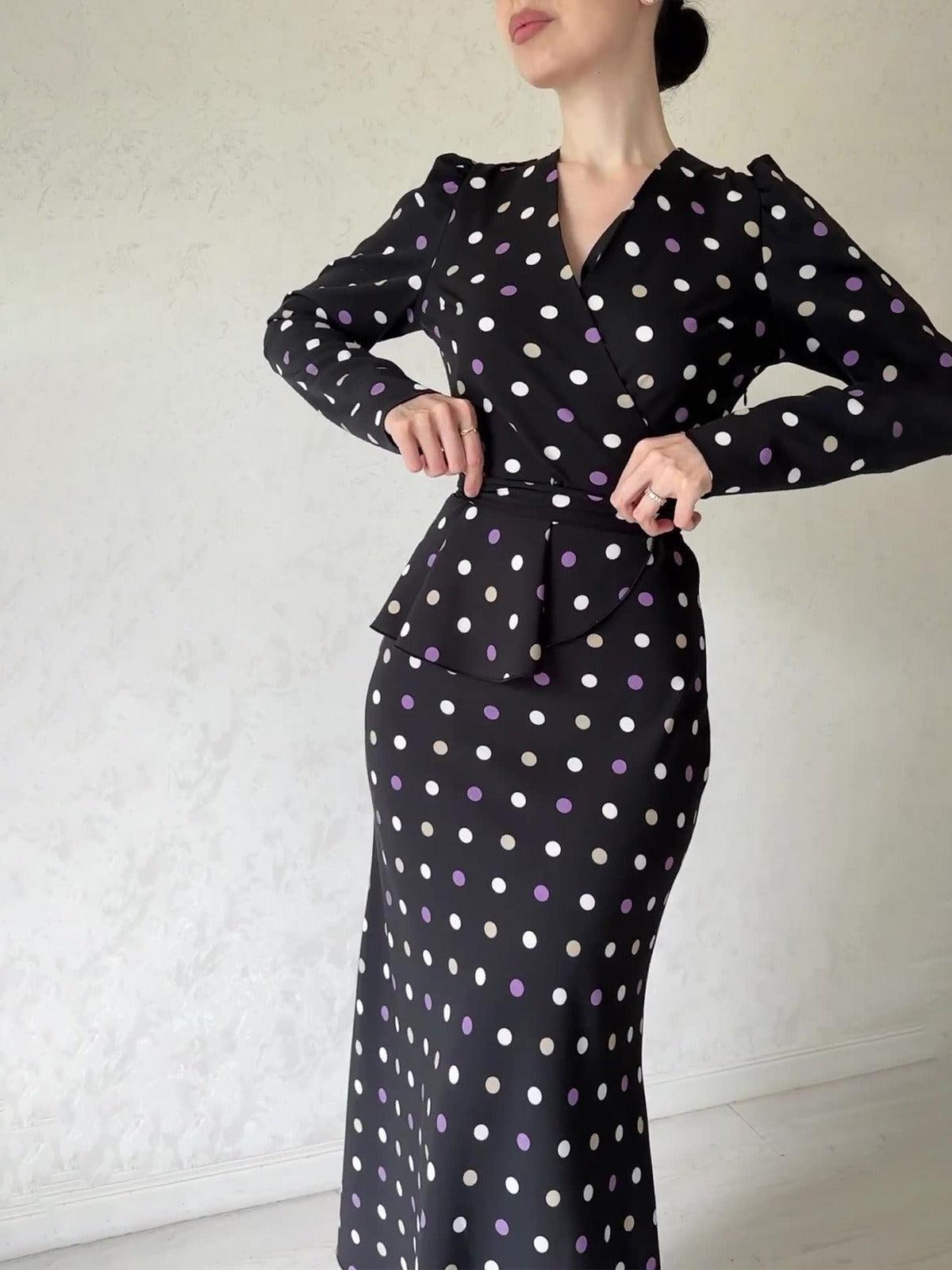 Chic French polka dot dress, elegant V-neck, buttocks wrapped skirt, lace up waist, slimming bottom skirt - plusminusco.com