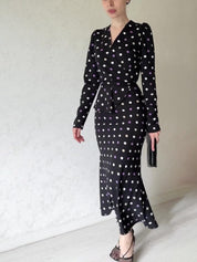 Chic French polka dot dress, elegant V-neck, buttocks wrapped skirt, lace up waist, slimming bottom skirt - plusminusco.com