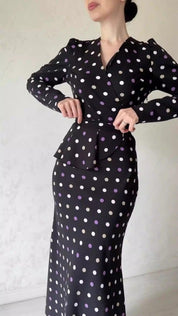 Chic French polka dot dress, elegant V-neck, buttocks wrapped skirt, lace up waist, slimming bottom skirt - plusminusco.com