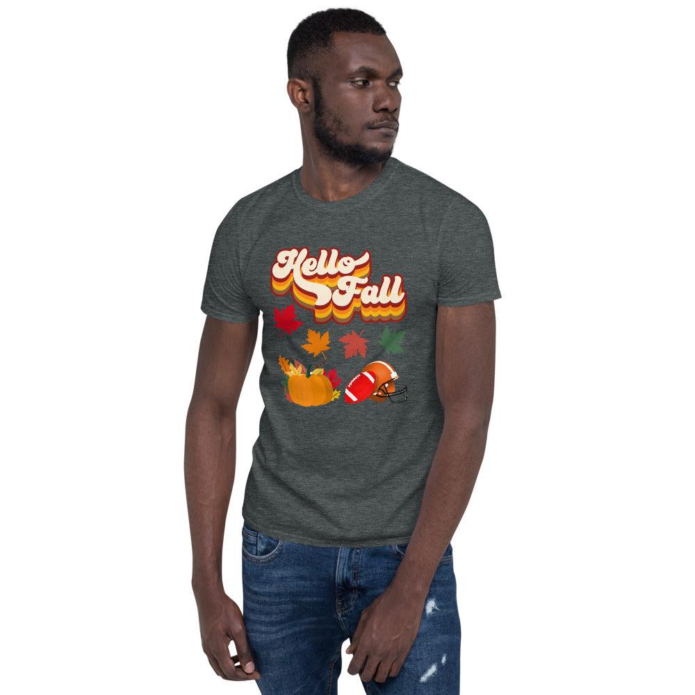 Hello Fall  Unisex T-Shirt, fall leaves, pumpkin spice latte and football - plusminusco.com