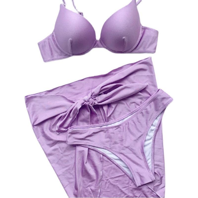 Hot Spring New Three-Piece Swimsuit European and American Solid Bikinis Women Swimsuit Underwire Push up Swimsuit Bikini - plusminusco.com