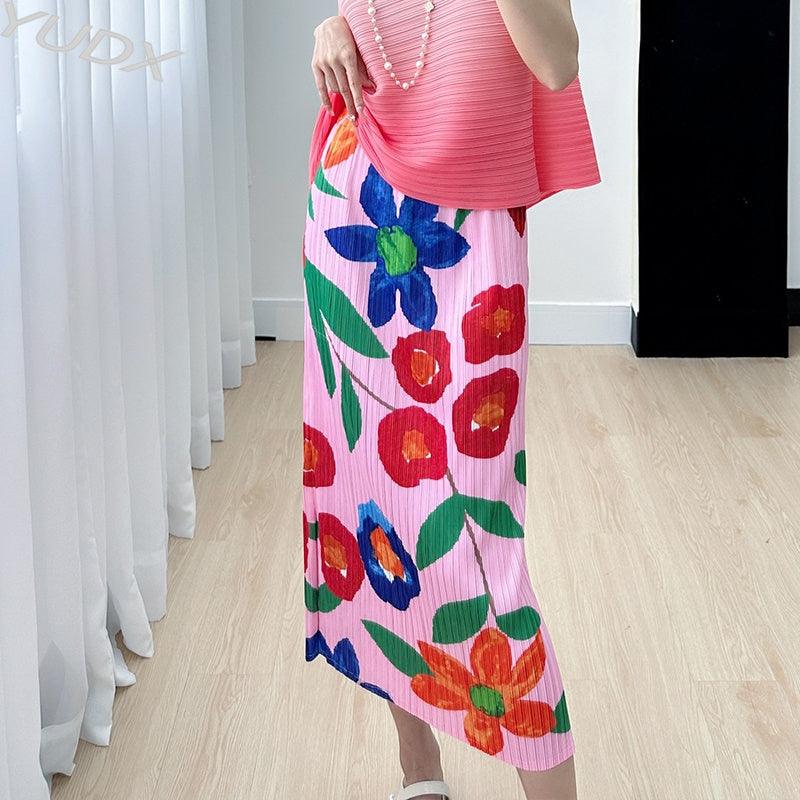 Miyake High-end Print Pink Skirt Summer Versatile Floral Pink Pleated Skirt - plusminusco.com