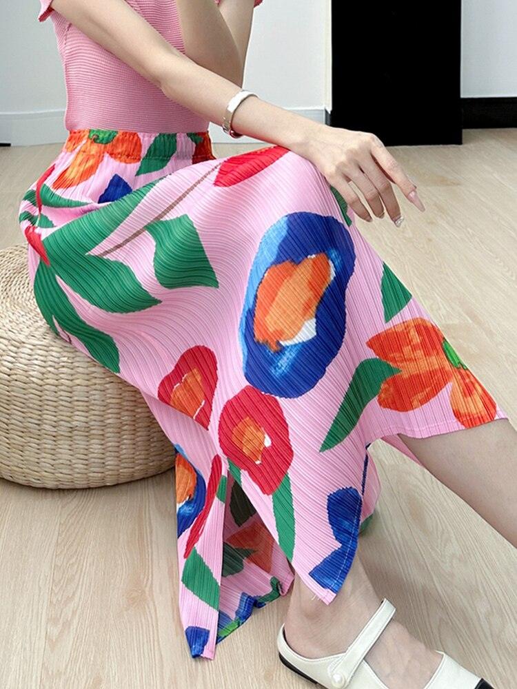 Miyake High-end Print Pink Skirt Summer Versatile Floral Pink Pleated Skirt - plusminusco.com