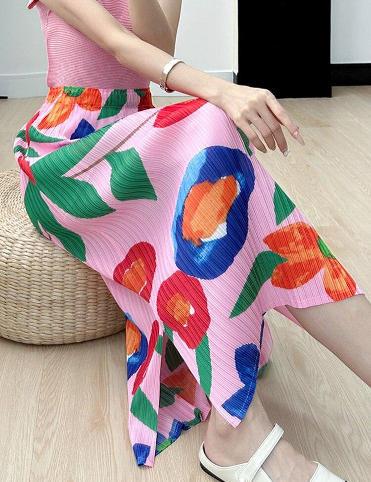 Miyake High-end Print Pink Skirt Summer Versatile Floral Pink Pleated Skirt - plusminusco.com