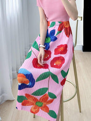 Miyake High-end Print Pink Skirt Summer Versatile Floral Pink Pleated Skirt - plusminusco.com