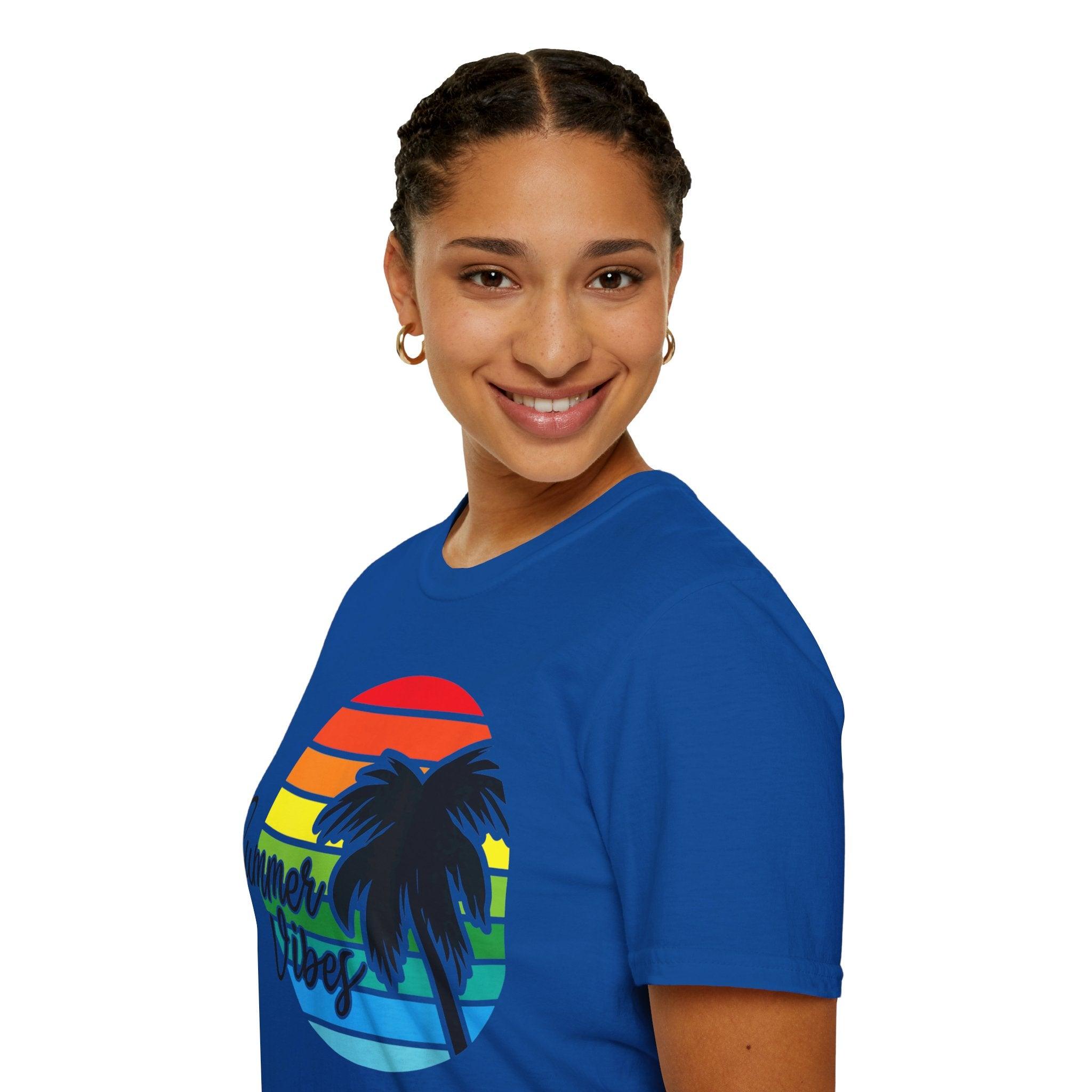 Retro Beach Summer Vibe Sunset And Palm Trees Unisex Softstyle T-Shirt Cotton, Crew neck, DTG, Men's Clothing, Regular fit, T-shirts, Women's Clothing - plusminusco.com
