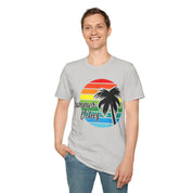 Retro Beach Summer Vibe Sunset And Palm Trees Unisex Softstyle T-Shirt Cotton, Crew neck, DTG, Men's Clothing, Regular fit, T-shirts, Women's Clothing - plusminusco.com