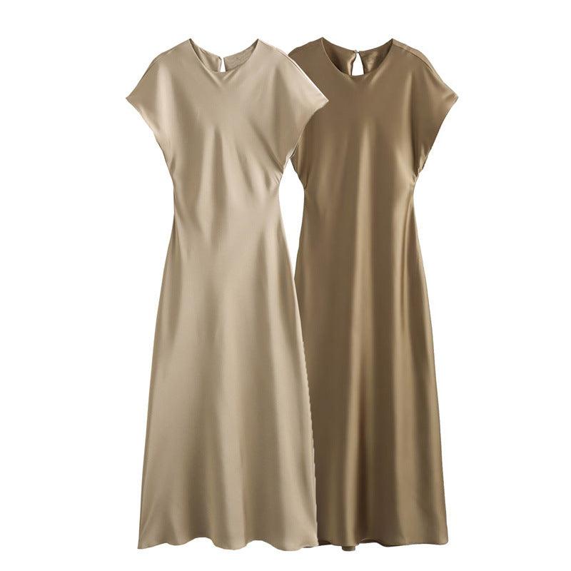 Satin Party Evening Women Midi Dress Elegant Keyhole Back A-Line Robe Sleeveless Female Long Dresses - plusminusco.com