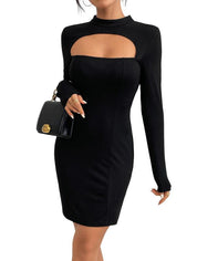 Slim fit buttocks knit long sleeved mini skirt sexy hollow out dress - plusminusco.com