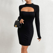 Slim fit buttocks knit long sleeved mini skirt sexy hollow out dress - plusminusco.com