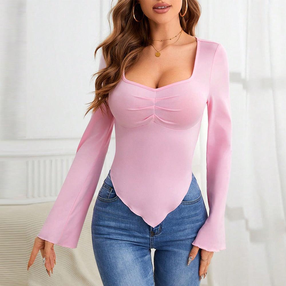 Slim fit hem irregular chicken heart neck knitted long sleeved T-shirt top - plusminusco.com