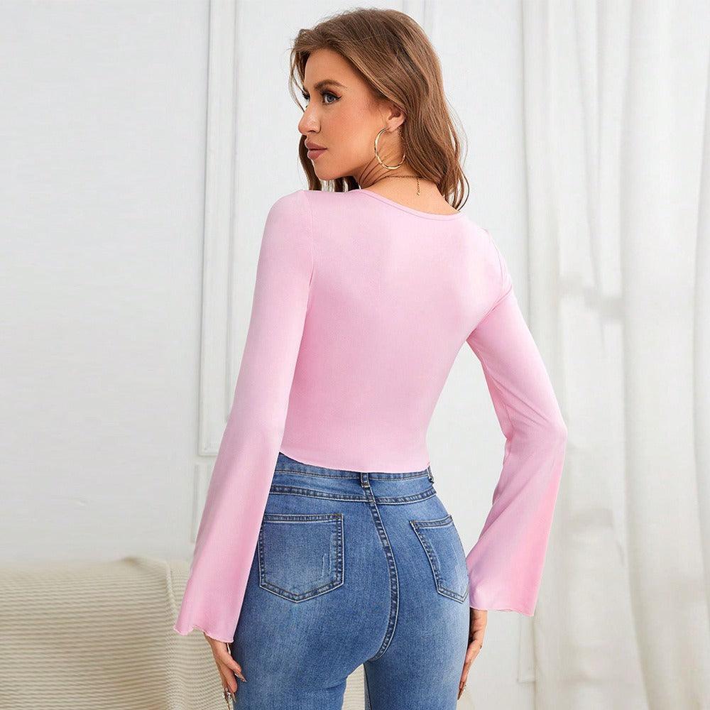 Slim fit hem irregular chicken heart neck knitted long sleeved T-shirt top - plusminusco.com