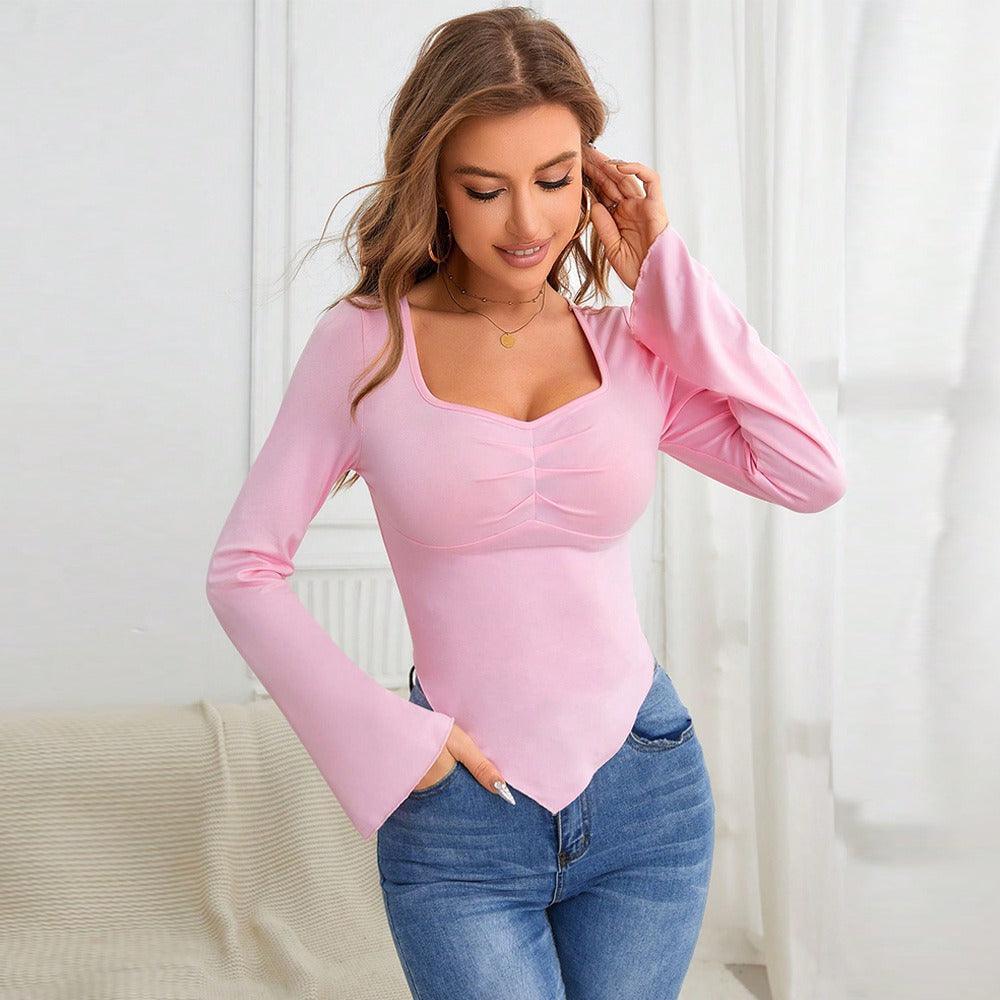 Slim fit hem irregular chicken heart neck knitted long sleeved T-shirt top - plusminusco.com