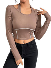 Slim fit knitted long sleeved sewing thread exposed hanging neck T-shirt fashion top - plusminusco.com