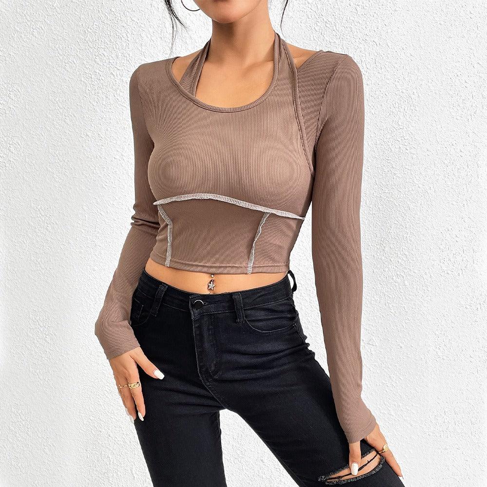 Slim fit knitted long sleeved sewing thread exposed hanging neck T-shirt fashion top - plusminusco.com