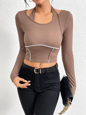 Slim fit knitted long sleeved sewing thread exposed hanging neck T-shirt fashion top - plusminusco.com