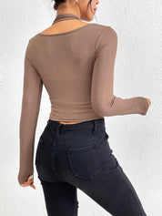 Slim fit knitted long sleeved sewing thread exposed hanging neck T-shirt fashion top - plusminusco.com