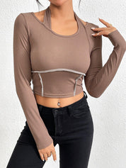 Slim fit knitted long sleeved sewing thread exposed hanging neck T-shirt fashion top - plusminusco.com