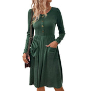 Waist collection round neck A-line skirt button pocket knitted long sleeved dress - plusminusco.com