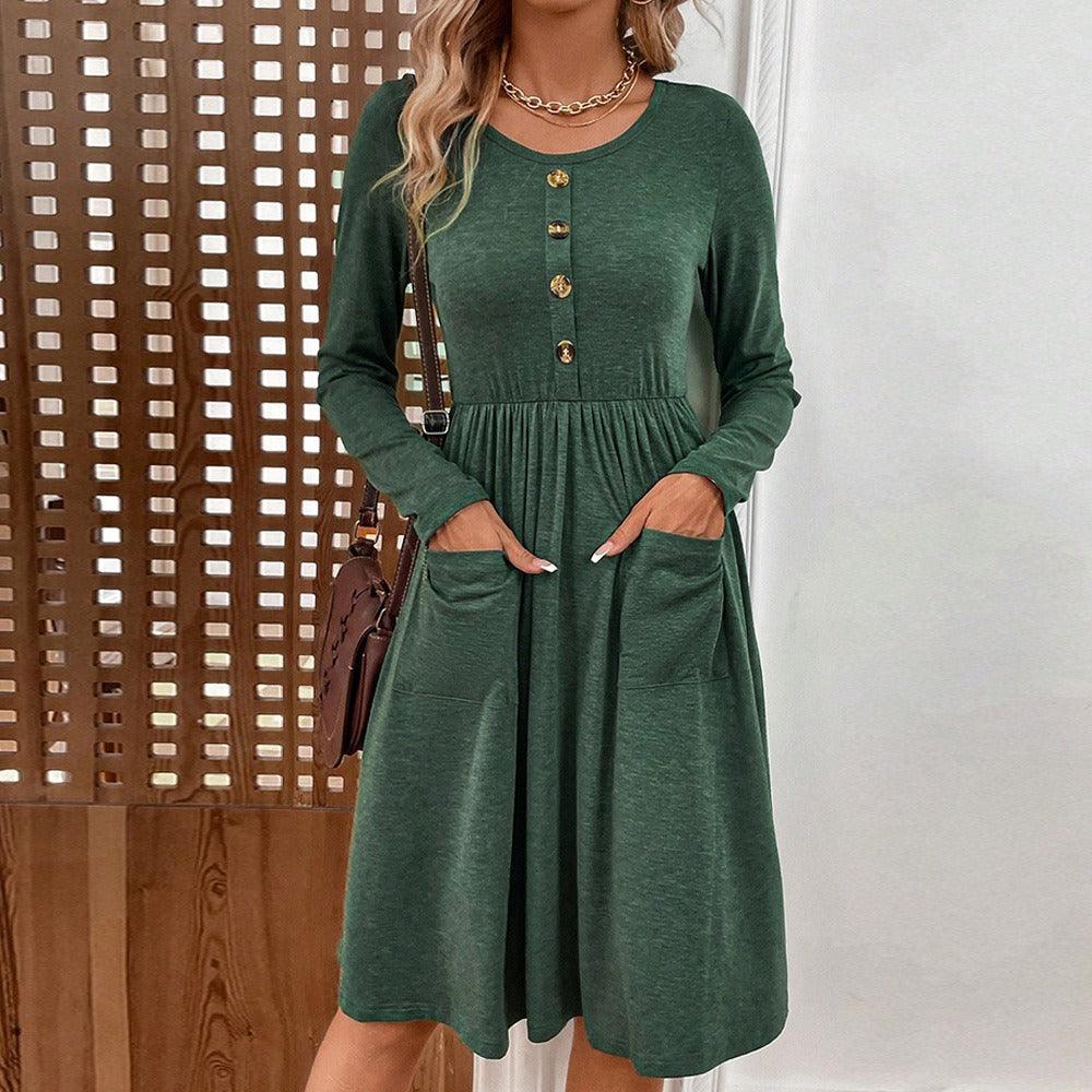 Waist collection round neck A-line skirt button pocket knitted long sleeved dress - plusminusco.com