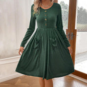 Waist collection round neck A-line skirt button pocket knitted long sleeved dress - plusminusco.com