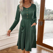 Waist collection round neck A-line skirt button pocket knitted long sleeved dress - plusminusco.com