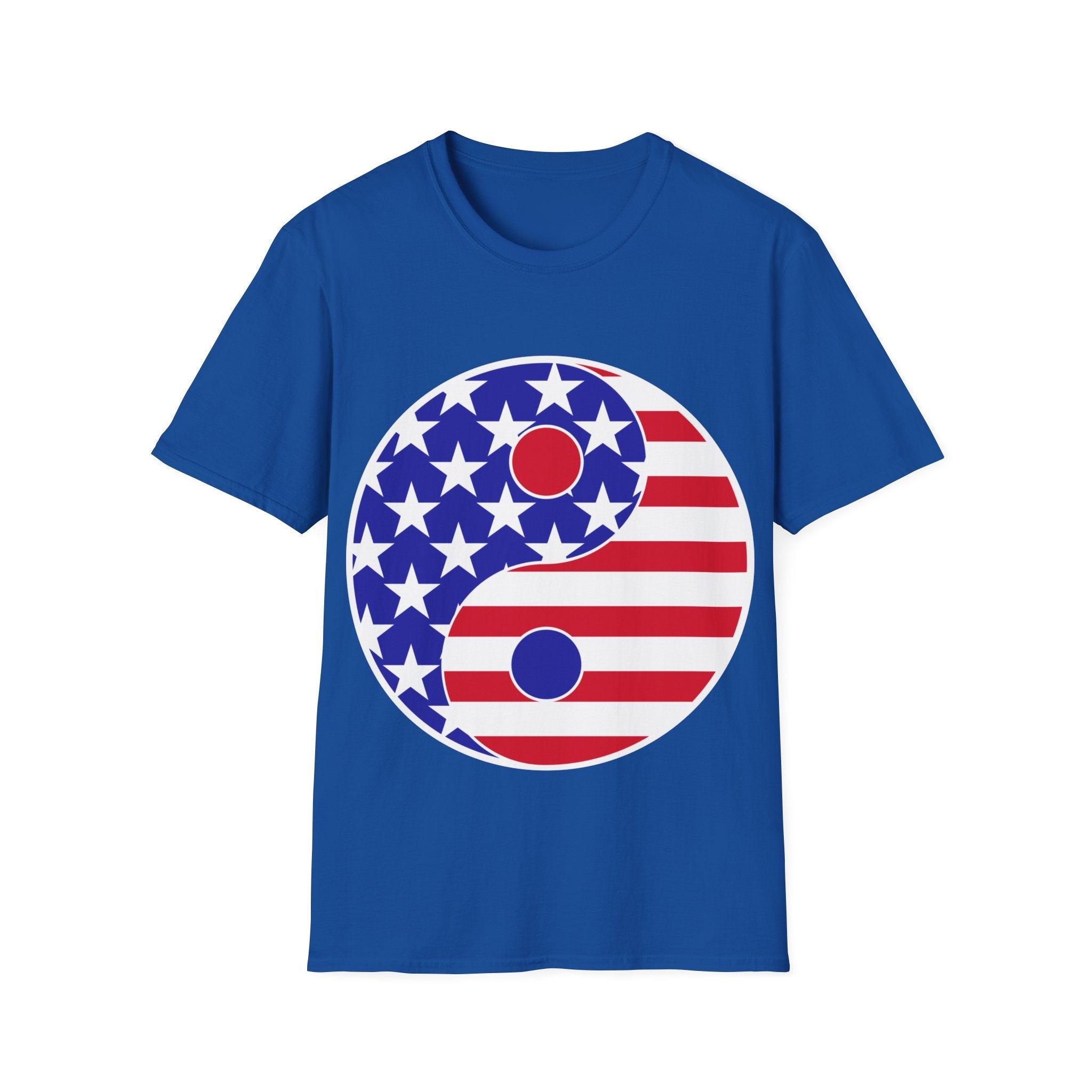 Yin YANG American flag Unisex Softstyle T-Shirt Crew neck, DTG, Men's Clothing, Regular fit, T-shirts - plusminusco.com