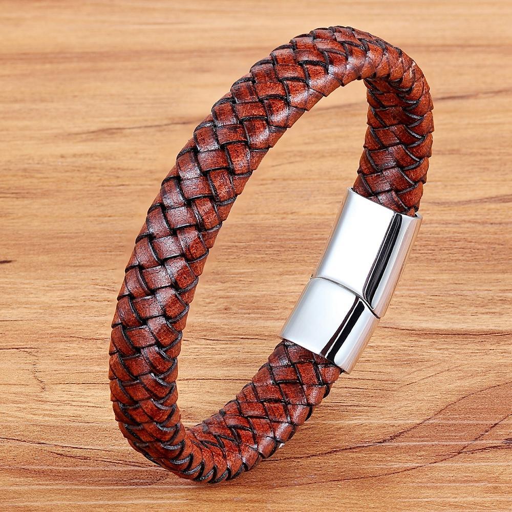 Genuine Leather Bracelet Stainless Steel Magnetic Clasp Men - plusminusco.com