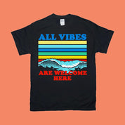 All Vibes Are Welcome Here | | Retro Sunset Waves,all vibes welcome vintage t / kindness shirt / 70s tee / mindfulness gift / hippie tops All Vibes, bee kind gratitude, positive clothing, Sunset Waves - plusminusco.com