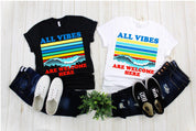 All Vibes Are Welcome Here | | Retro Sunset Waves,all vibes welcome vintage t / kindness shirt / 70s tee / mindfulness gift / hippie tops All Vibes, bee kind gratitude, positive clothing, Sunset Waves - plusminusco.com