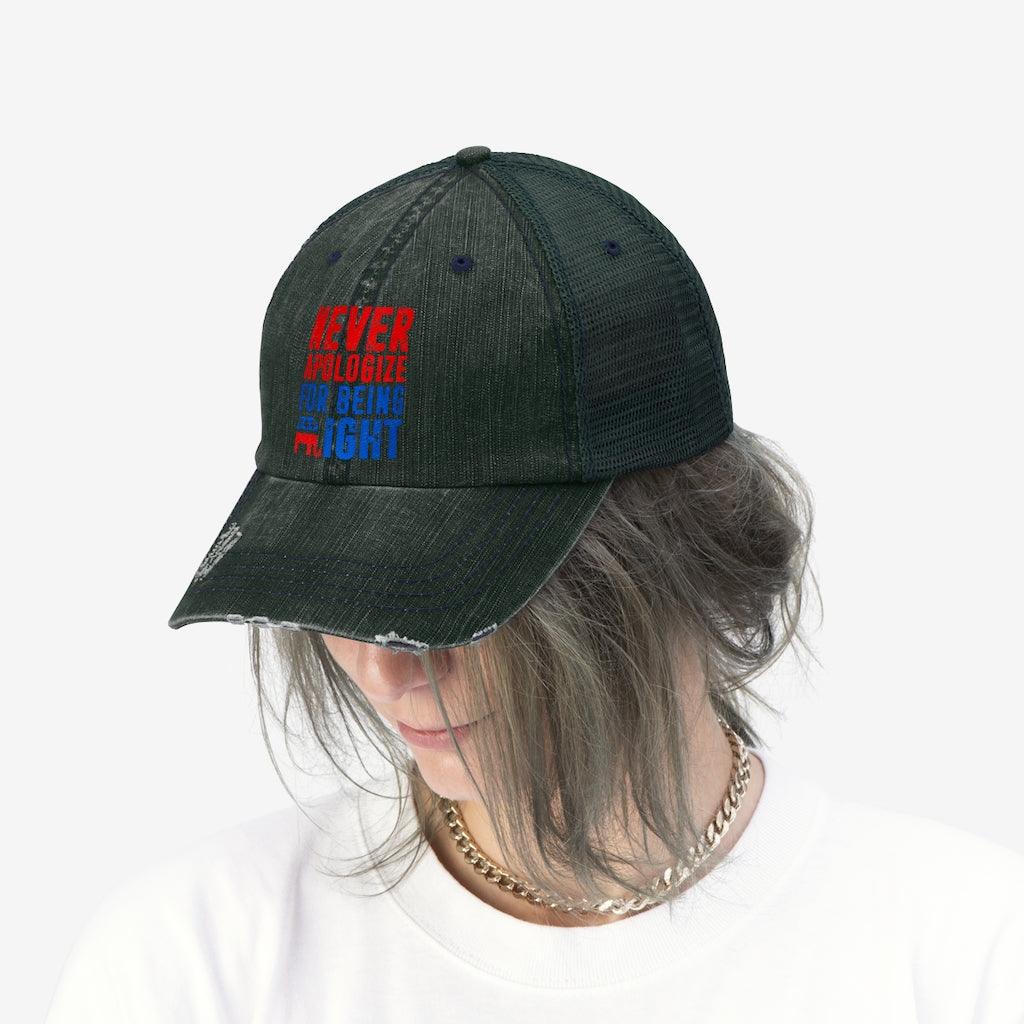 Never Apologize for being right Unisex Trucker Hat - plusminusco.com