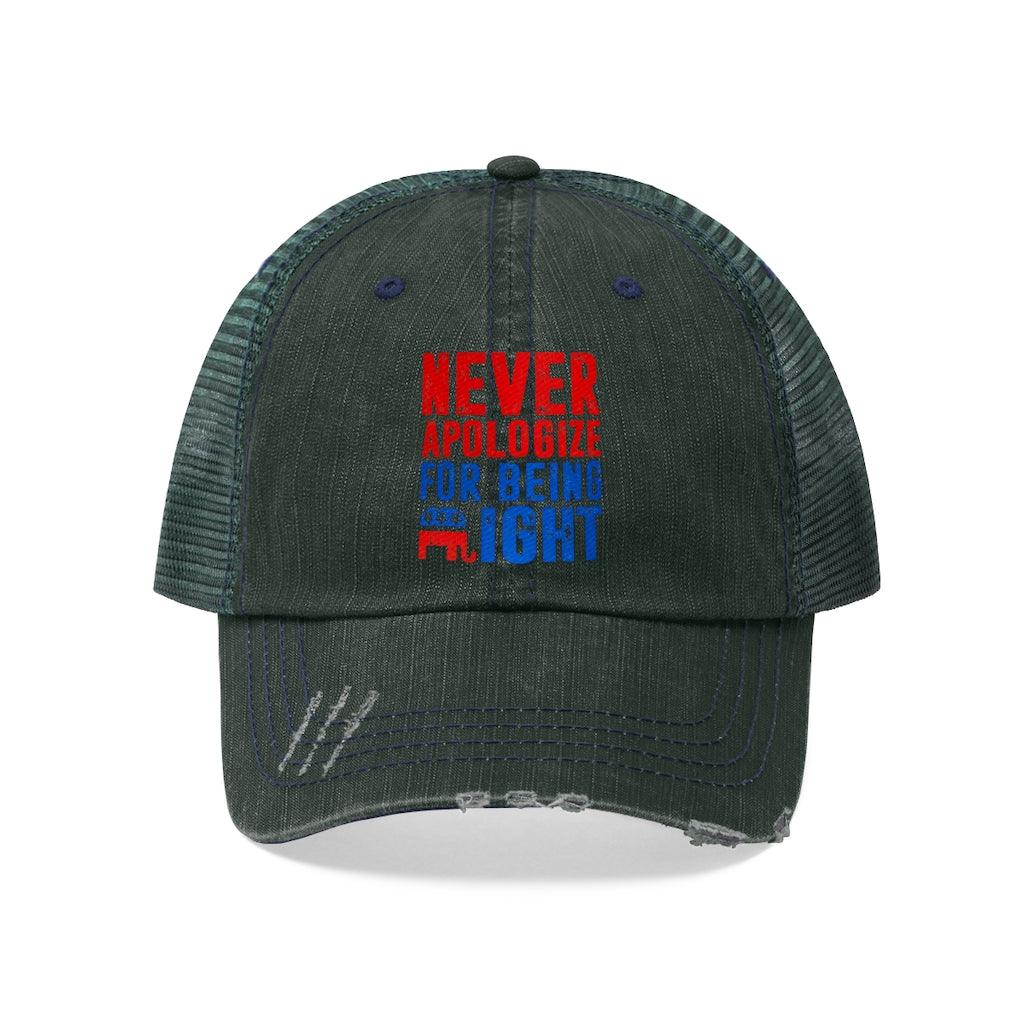 Never Apologize for being right Unisex Trucker Hat - plusminusco.com