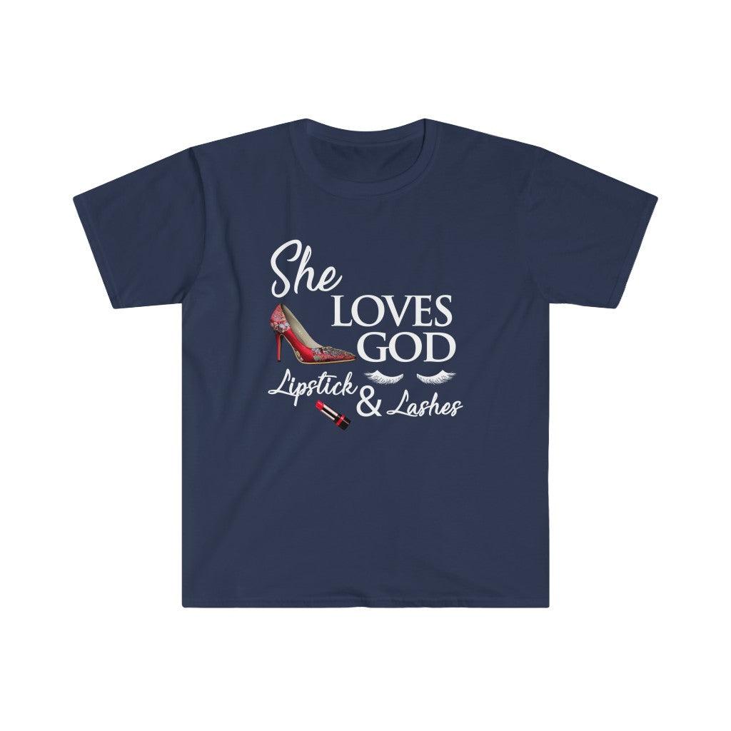 She Loves God Lipstick & Lashes T-Shirts, Womens Makeup, High Heels, Lashes, Lipstick, Love God Christian T-Shirt - plusminusco.com